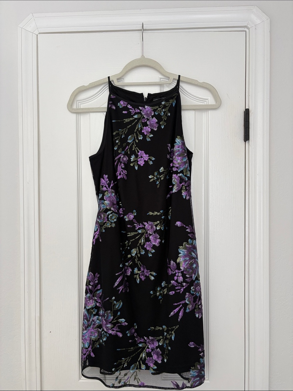 White House Black Market Black Midi Dress with Purple Floral Print, size 00
